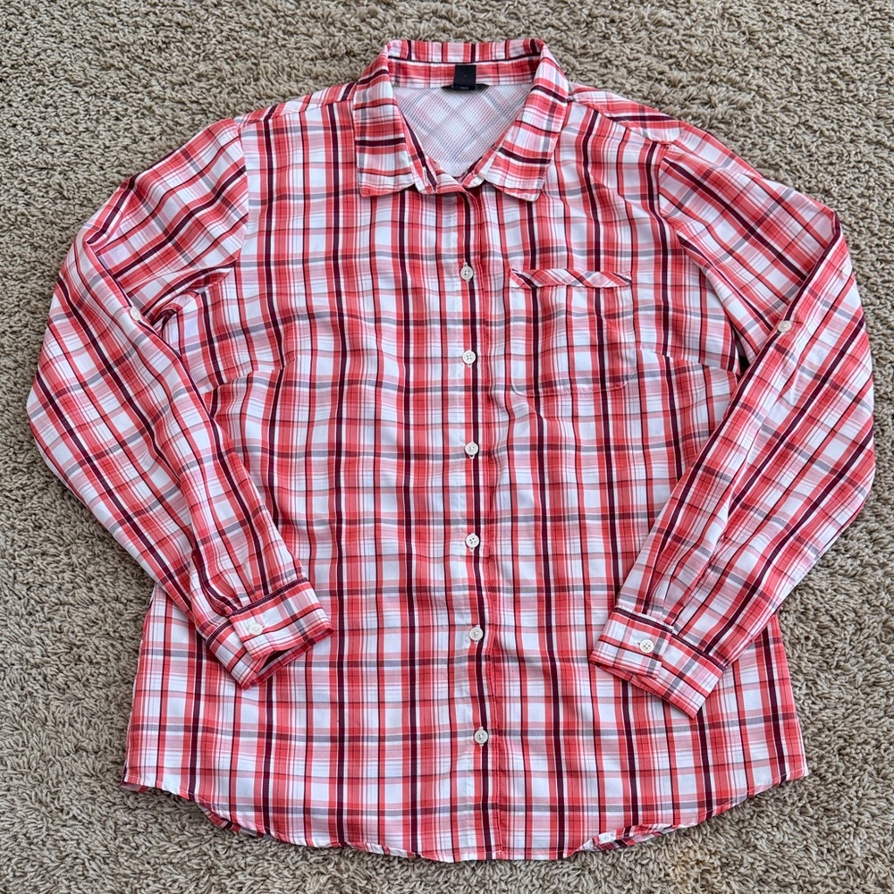 Eddie Bauer Travex Womens Long-sleeve Button-down Orange Plaid Shirt, sz L